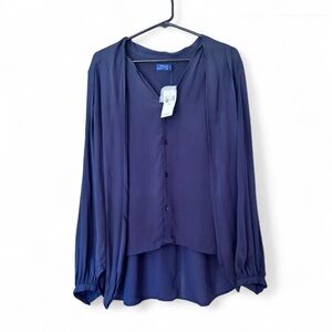 Polo Ralph Lauren Women’s Navy Tie Shoulder Pleated Long Sleeve Blouse NWT